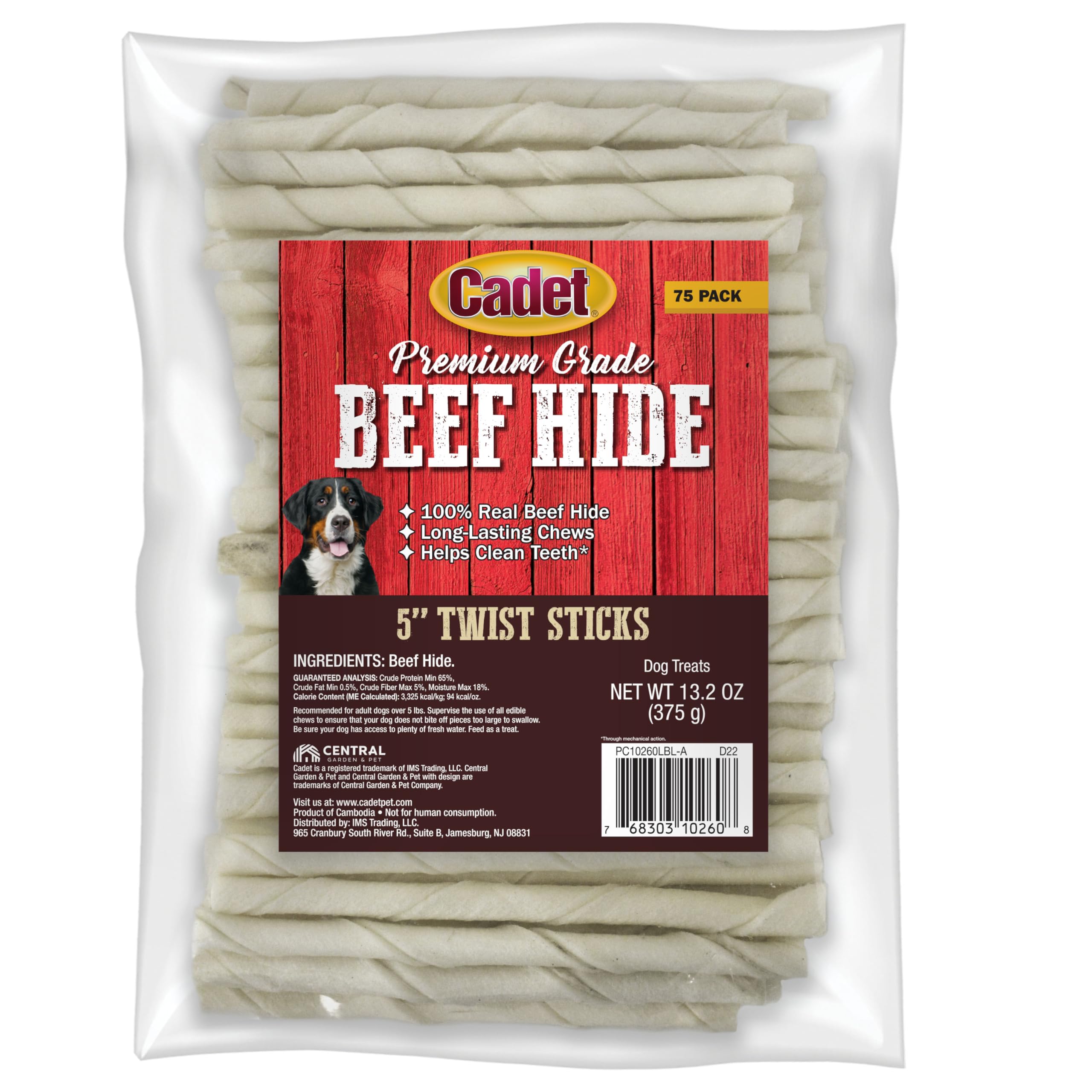 Cadet Premium Grade Beef Hide for Dogs, Long Lasting Rawhide Twist Chew Sticks, Natural Dog Chews, 5 Inch Dog Bones (75 Count)