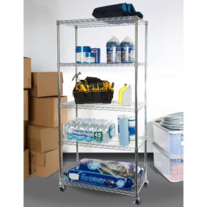 Seville Classics UltraDurable Commercial-Grade 5-Tier Steel Wire Shelving with Wheels, 36" W x 18" D x 72" H, Steel