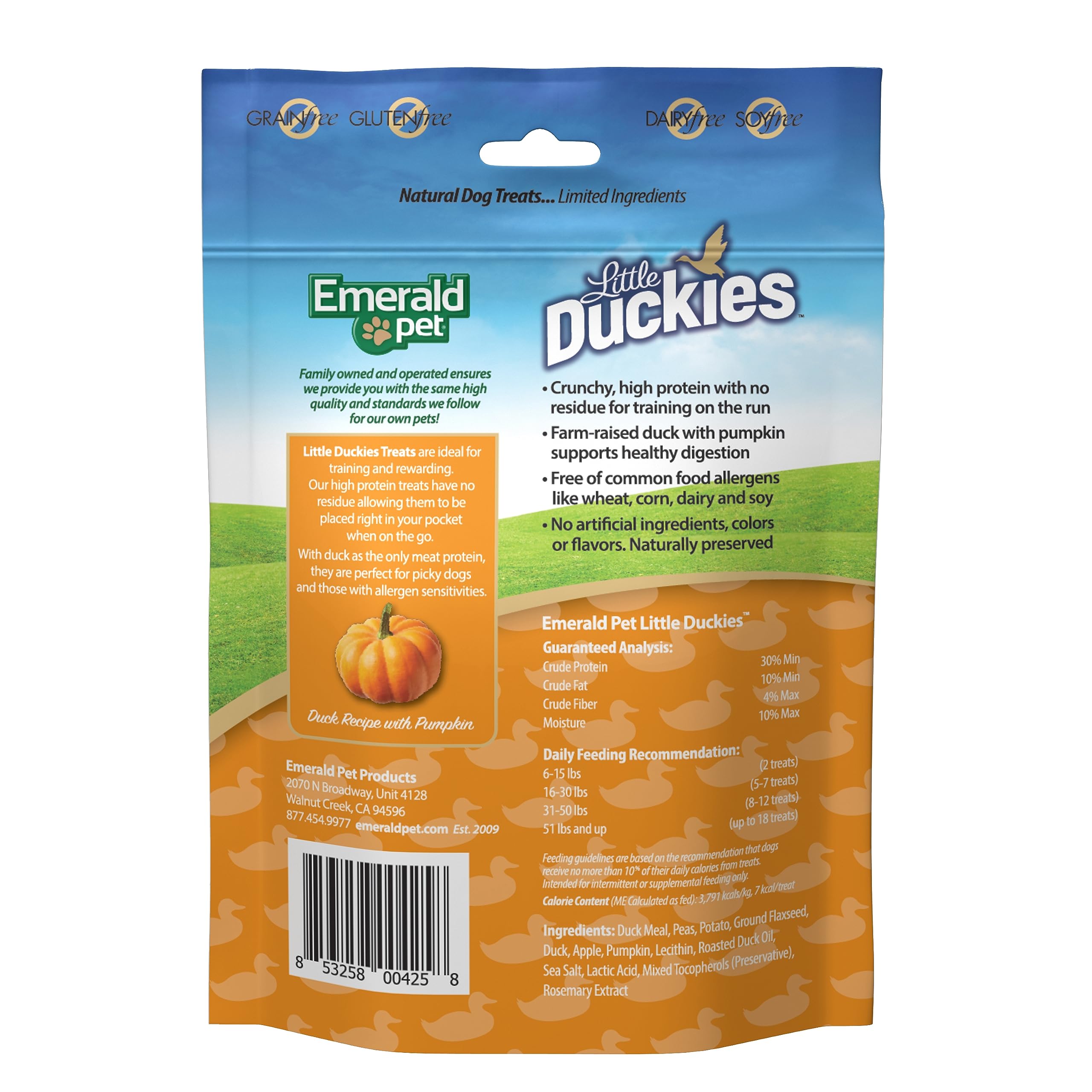 Emerald Pet Little Duckies Duck Dog Treats — Crunchy and Tasty Natural Dog Treats Made with Protein-Rich Roasted Duck Meat — Healthy, Grain Free Dog Treats Made in The USA — Pumpkin, 5 oz