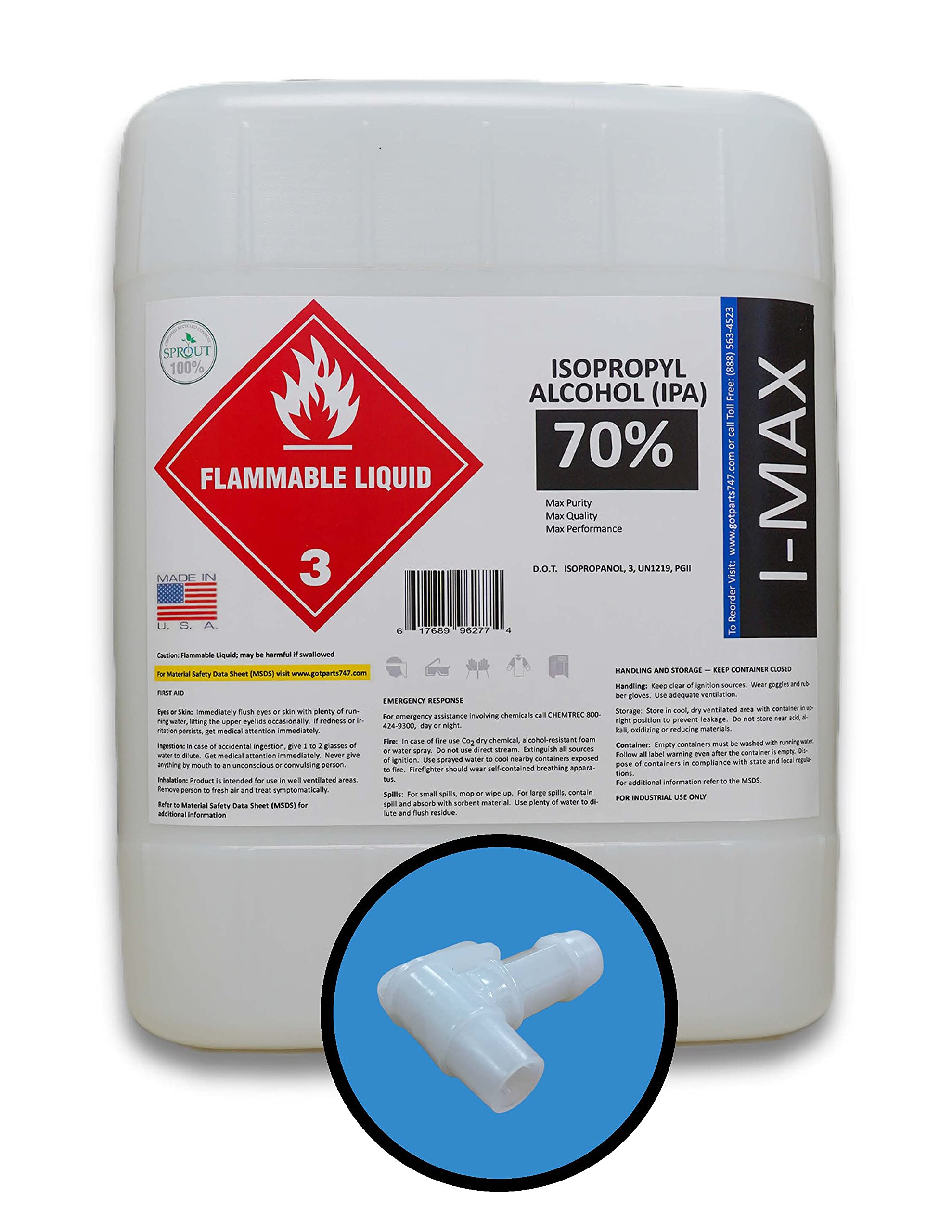 Isopropyl Alcohol 70% - 5 Gallons of High Purity IPA - Includes One Spigot- Made in USA - HDPE Pail