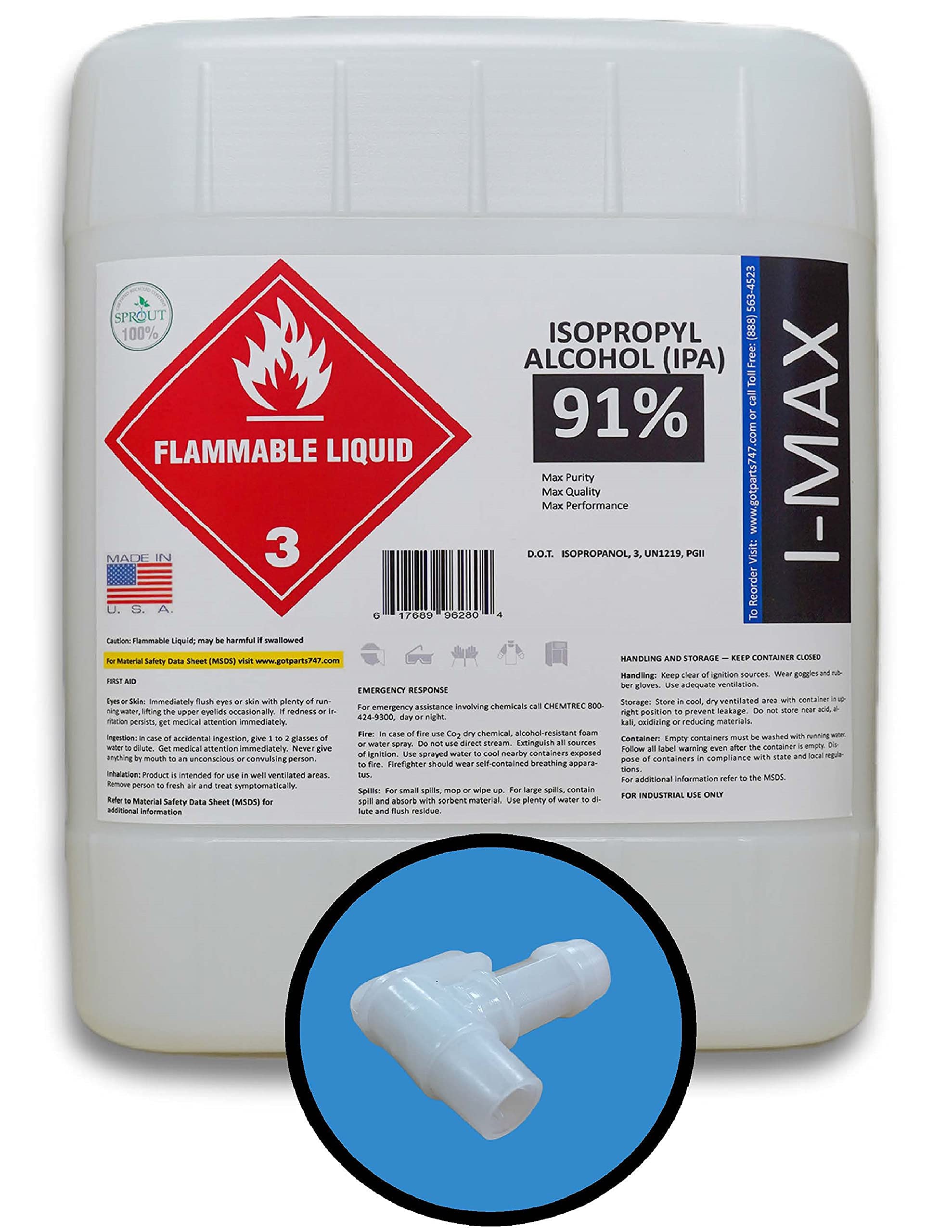 Isopropyl Alcohol 91% - 5 Gallons of High Purity IPA - Includes One Spigot- Made in USA - HDPE Pail