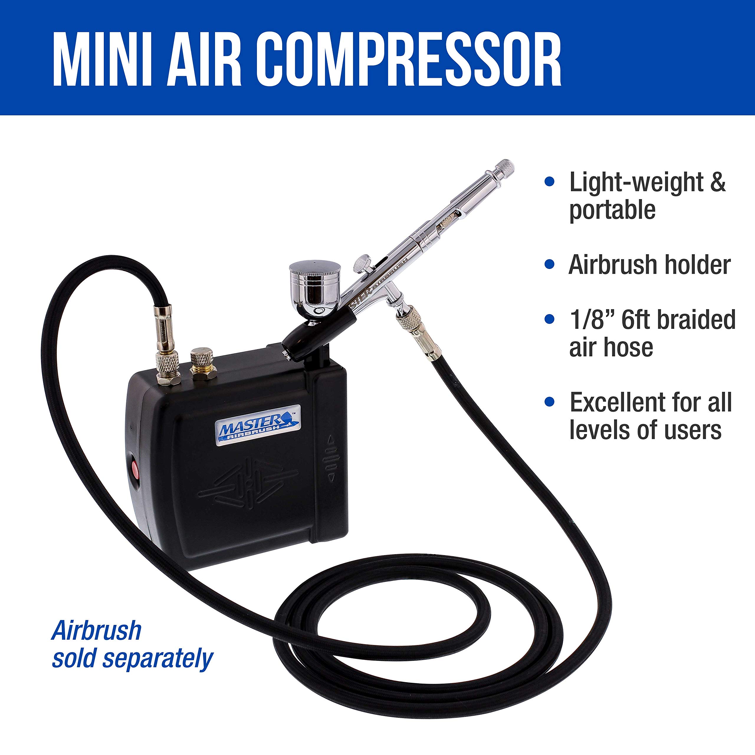 Master Model C16-B - Black Mini Airbrush Air Compressor with 6 Foot Braided Air Hose with 1/8 in. Ends