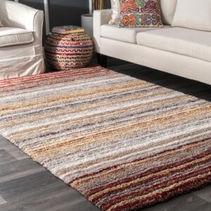 nuloom drey striped shag area rug - 6x9 shag area rug casual red multi/multicolor rugs for living room bedroom dining room nursery