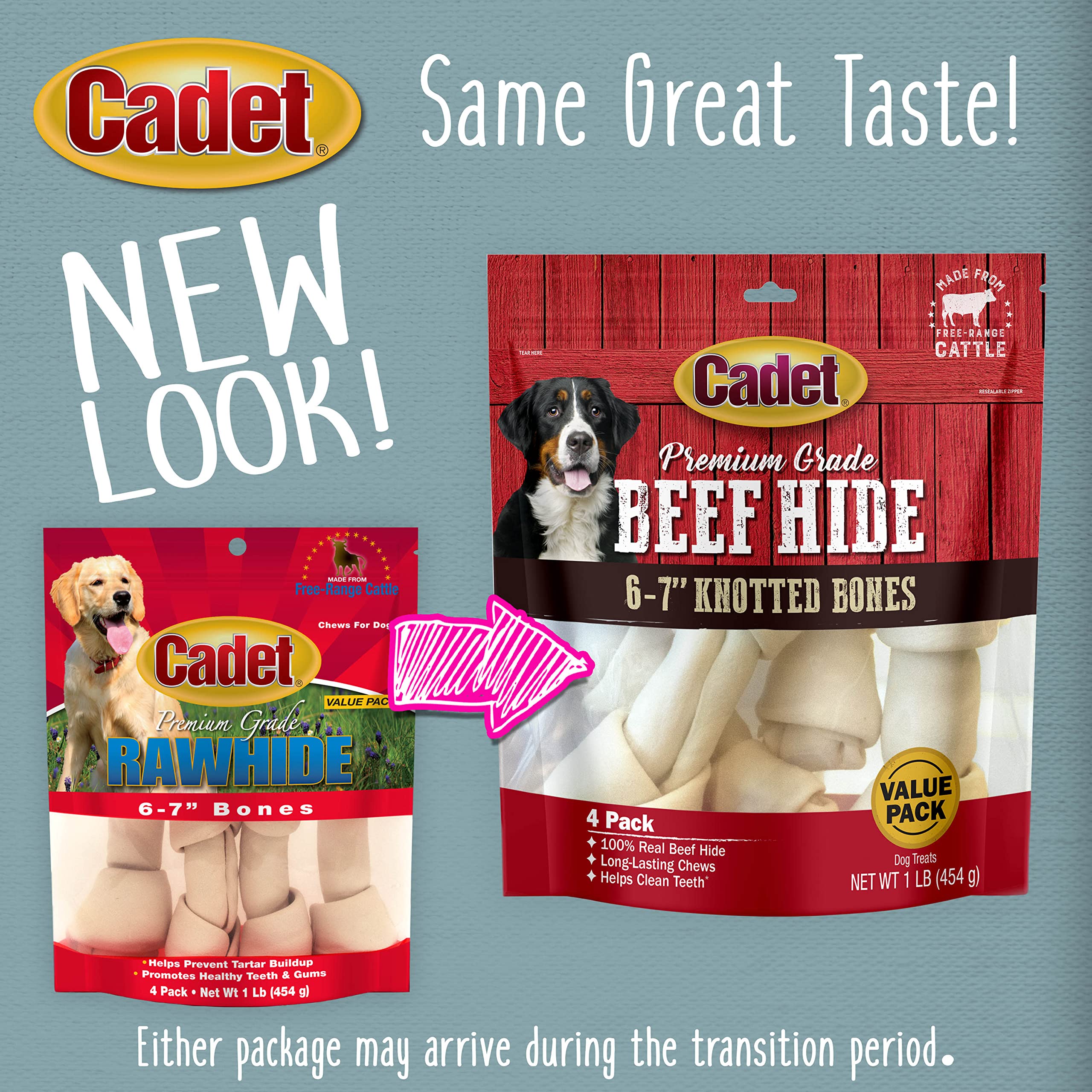 Cadet Premium Grade Beef Hide for Dogs, Long Lasting Rawhide Knotted Bones Single Ingredient Dog Chews, 6"-7" Dog Bones, 4 Pack