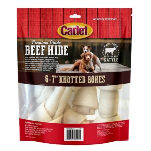 Cadet Premium Grade Beef Hide for Dogs, Long Lasting Rawhide Knotted Bones Single Ingredient Dog Chews, 6"-7" Dog Bones, 4 Pack