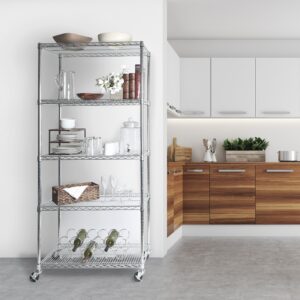 Seville Classics UltraDurable Commercial-Grade 5-Tier Steel Wire Shelving with Wheels, 36" W x 18" D x 72" H, Steel