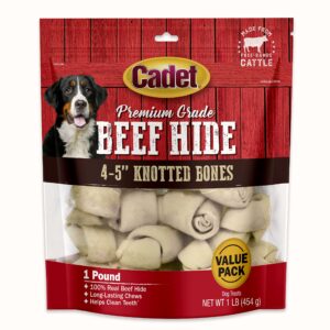 cadet premium grade beef hide for dogs, long lasting rawhide knotted bones single ingredient dog chews, 4"-5" dog bones, 1 pound