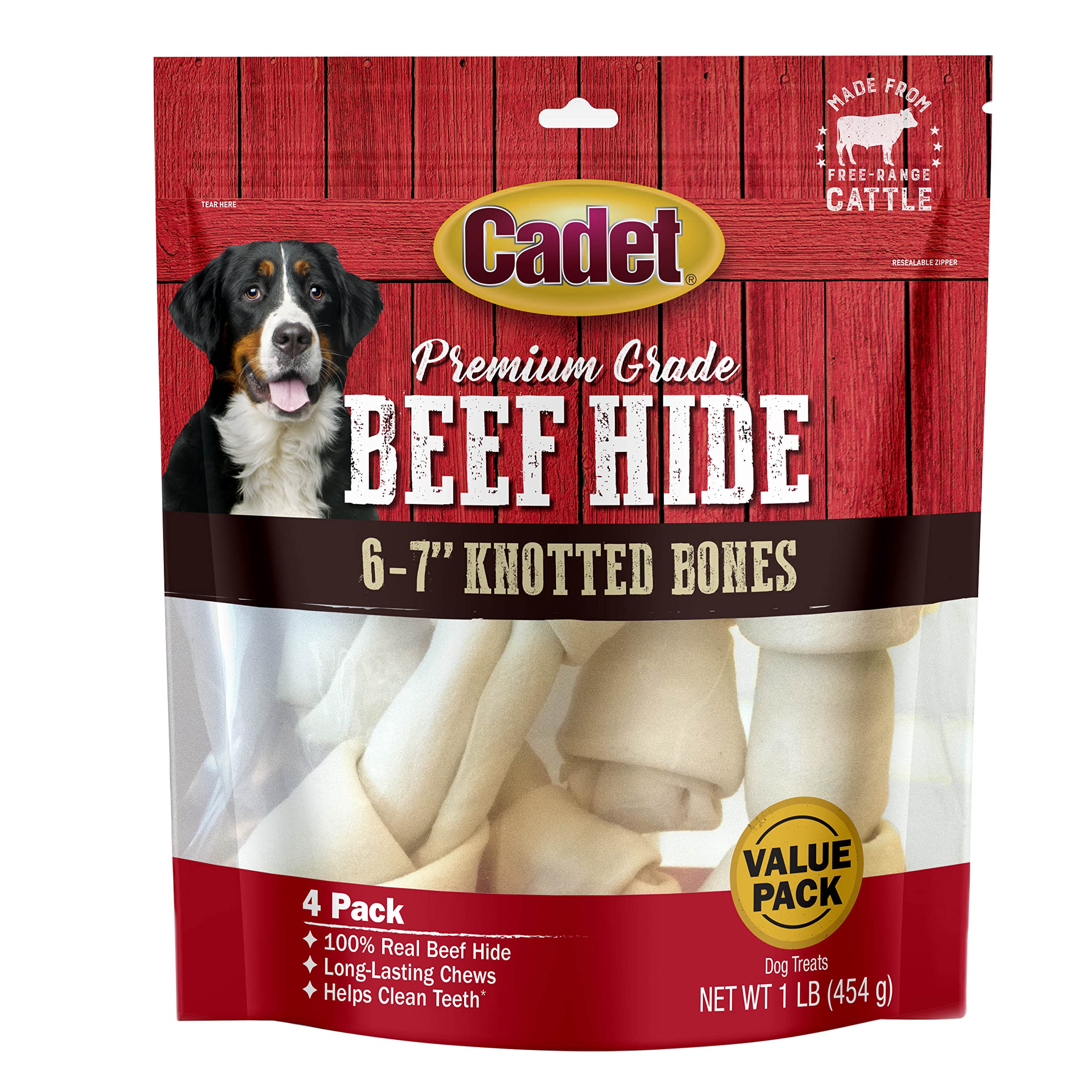 Cadet Premium Grade Beef Hide for Dogs, Long Lasting Rawhide Knotted Bones Single Ingredient Dog Chews, 6"-7" Dog Bones, 4 Pack