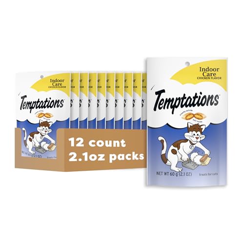 Temptations Indoor Care Crunchy and Soft Cat Treats, Chicken Flavor, 2.1 oz. Pouch (Pack of 12)