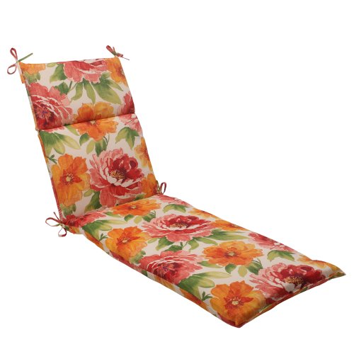 Pillow Perfect Bright Floral Indoor/Outdoor Split Back Chaise Lounge Cushion with Ties, Plush Fiber Fill, Weather, and Fade Resistant, 72.5" x 21", Green/Orange Muree, 1 Count