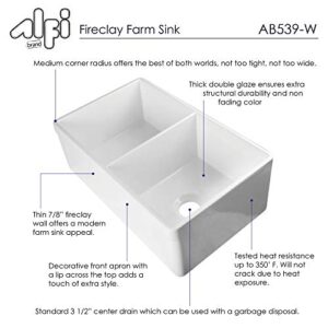 ALFI brand AB539 White 32-Inch Decorative Lip Double Bowl Fireclay Farmhouse Kitchen Sink, White