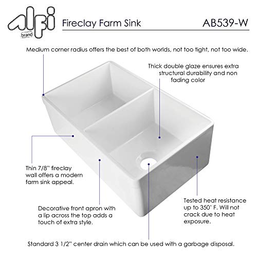 ALFI brand AB539 White 32-Inch Decorative Lip Double Bowl Fireclay Farmhouse Kitchen Sink, White