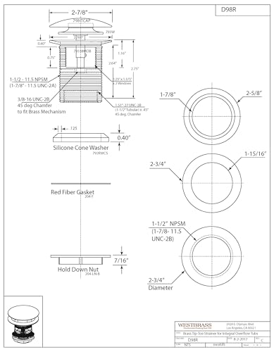 Westbrass D98R-26 1-1/2-Inch NPSM Coarse Thread Integrated Overlfow ADA Approved Tip-Toe Bath Drain