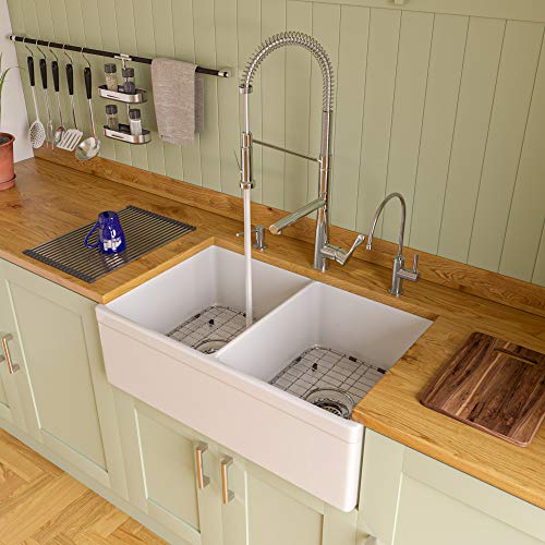 ALFI brand AB539 White 32-Inch Decorative Lip Double Bowl Fireclay Farmhouse Kitchen Sink, White