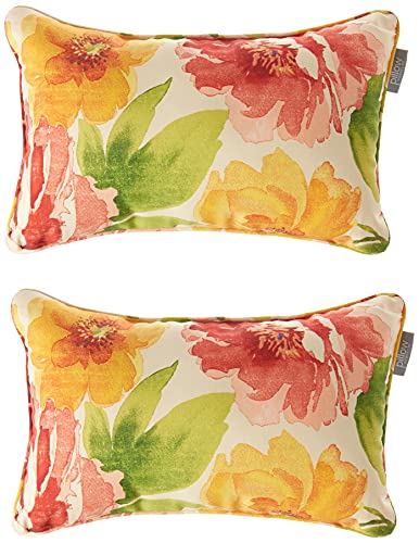 Pillow Perfect Bright Floral Indoor/Outdoor Accent Throw Pillow, Plush Fill, Weather, and Fade Resistant, Lumbar - 11.5" x 18.5" , Green/Orange Muree, 2 Count