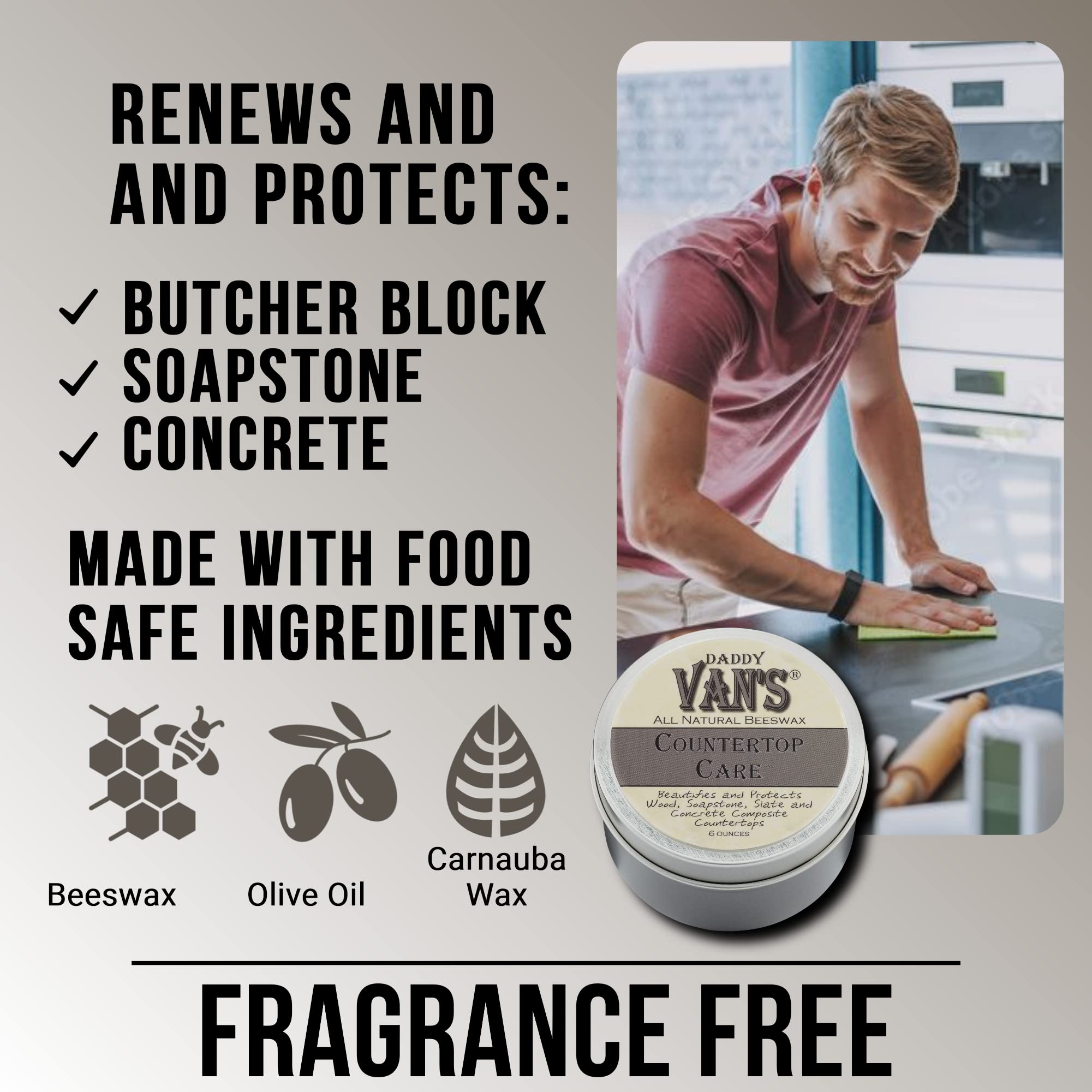 Daddy Van's® All Natural Beeswax Countertop Care for Soapstone, Slate, Concrete Composite and Butcher Block Counter Tops - Food Safe, Chemical-Free and Non-Toxic - 6 Oz. Tin