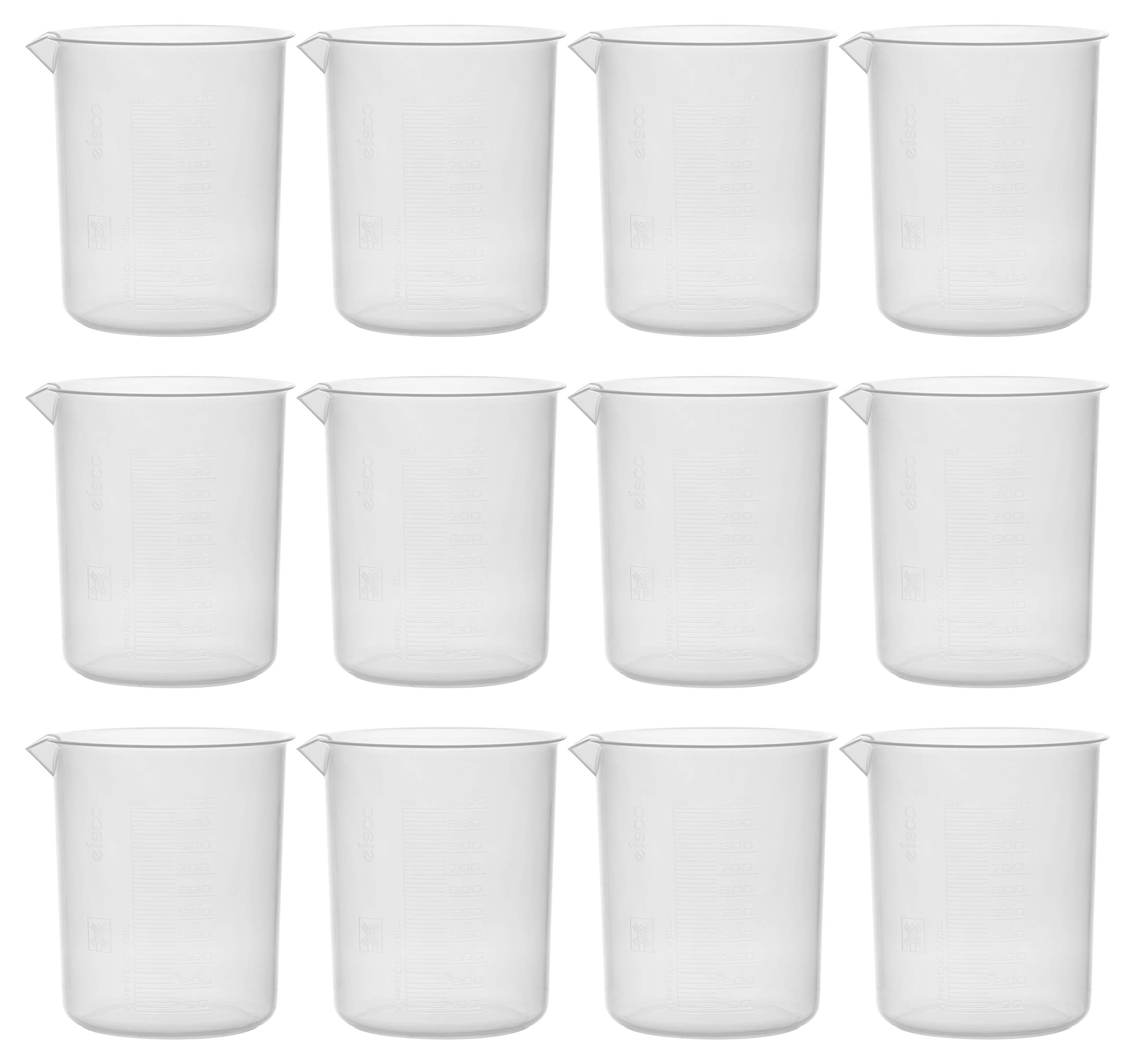 1000ml Plastic Beaker; 20ml Graduations, Premium Polypropylene; Pack of 12