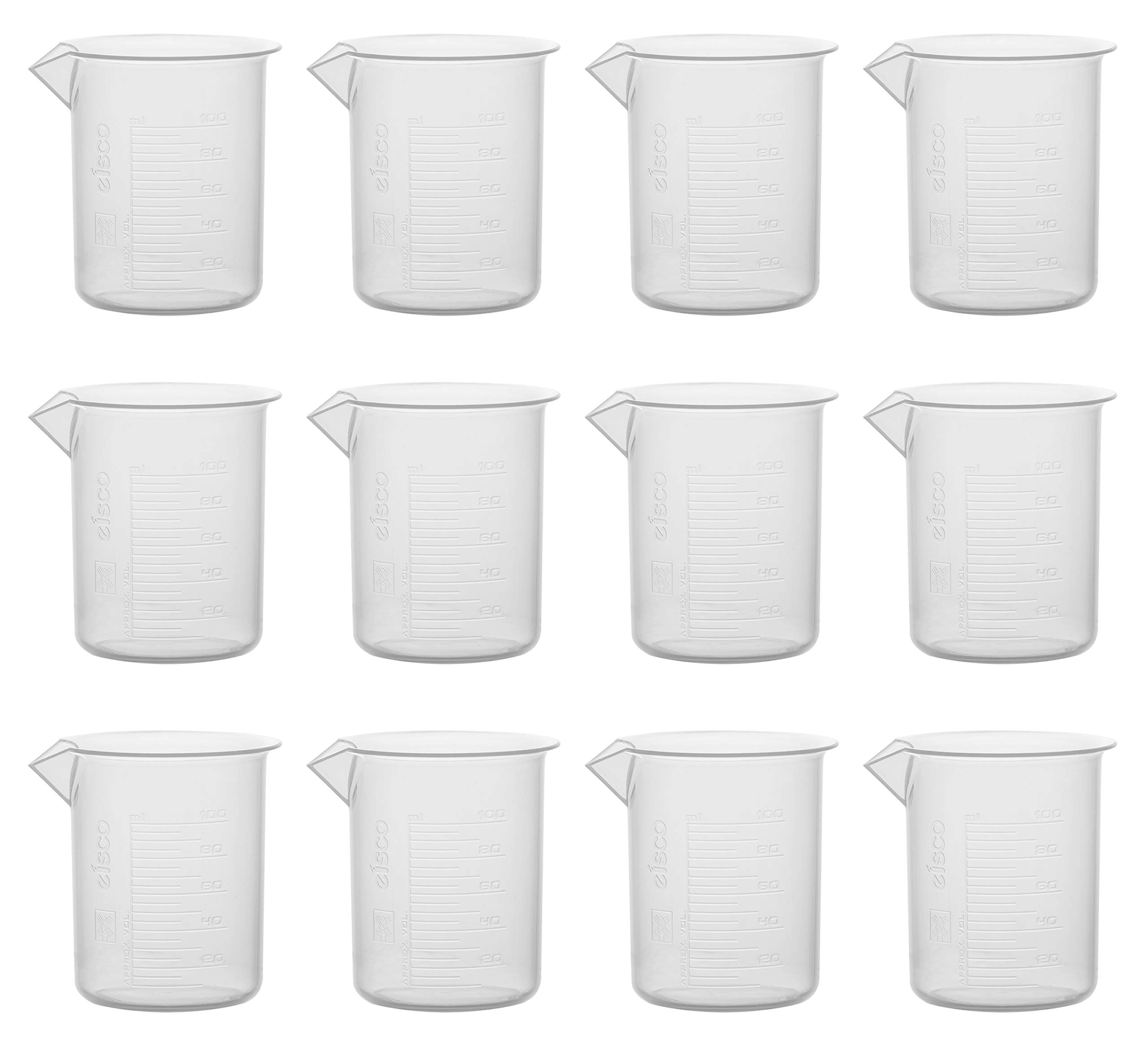 EISCO Plastic Beaker, Graduations, Premium Polypropylene Labs, 5 mL and 100 mL, 12 Piece