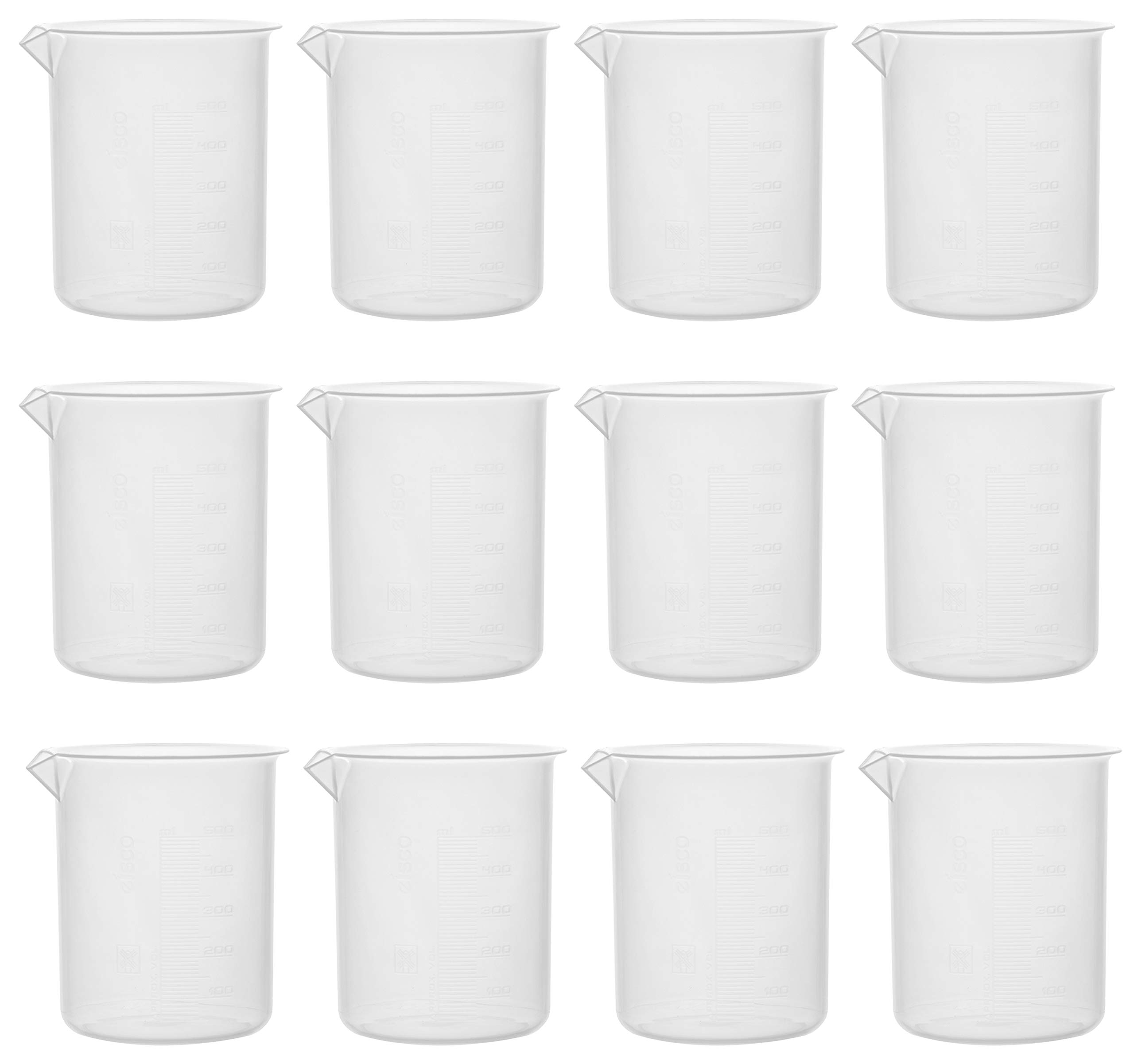 EISCO 12PK Beakers, 500mL - Premium Polypropylene - 10mL Raised Graduations, Tapered Spout