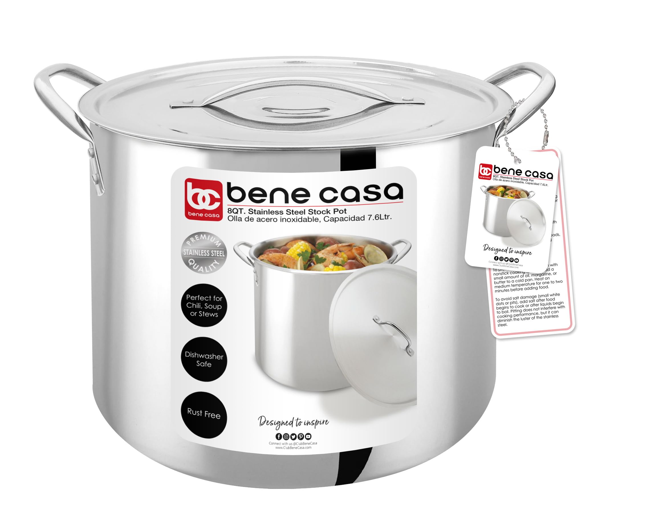 Bene Casa Stainless-Steel Stock Pot with lid, 8-quart capacity stock pot, reinforced bottom stainless-steel stock pot