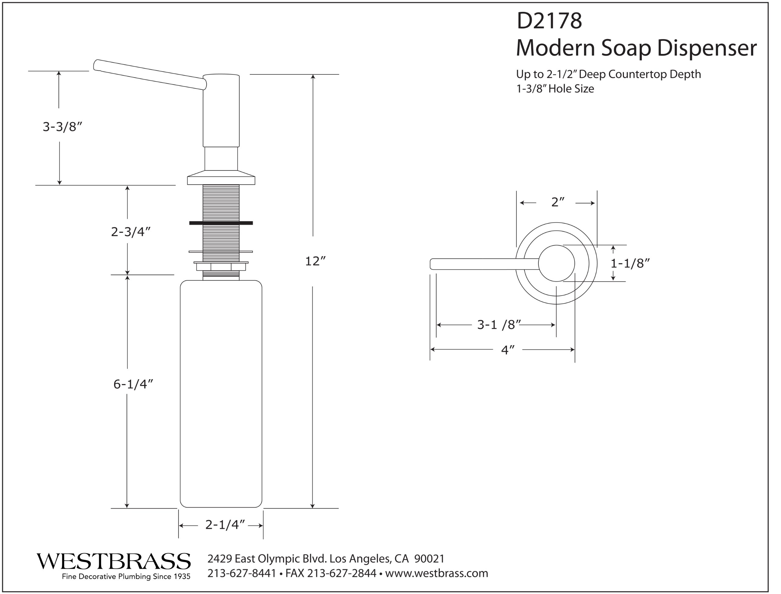 Westbrass Contemporary Style Kitchen Sink Soap/Lotion Dispenser, Polished Nickel, D2178-05