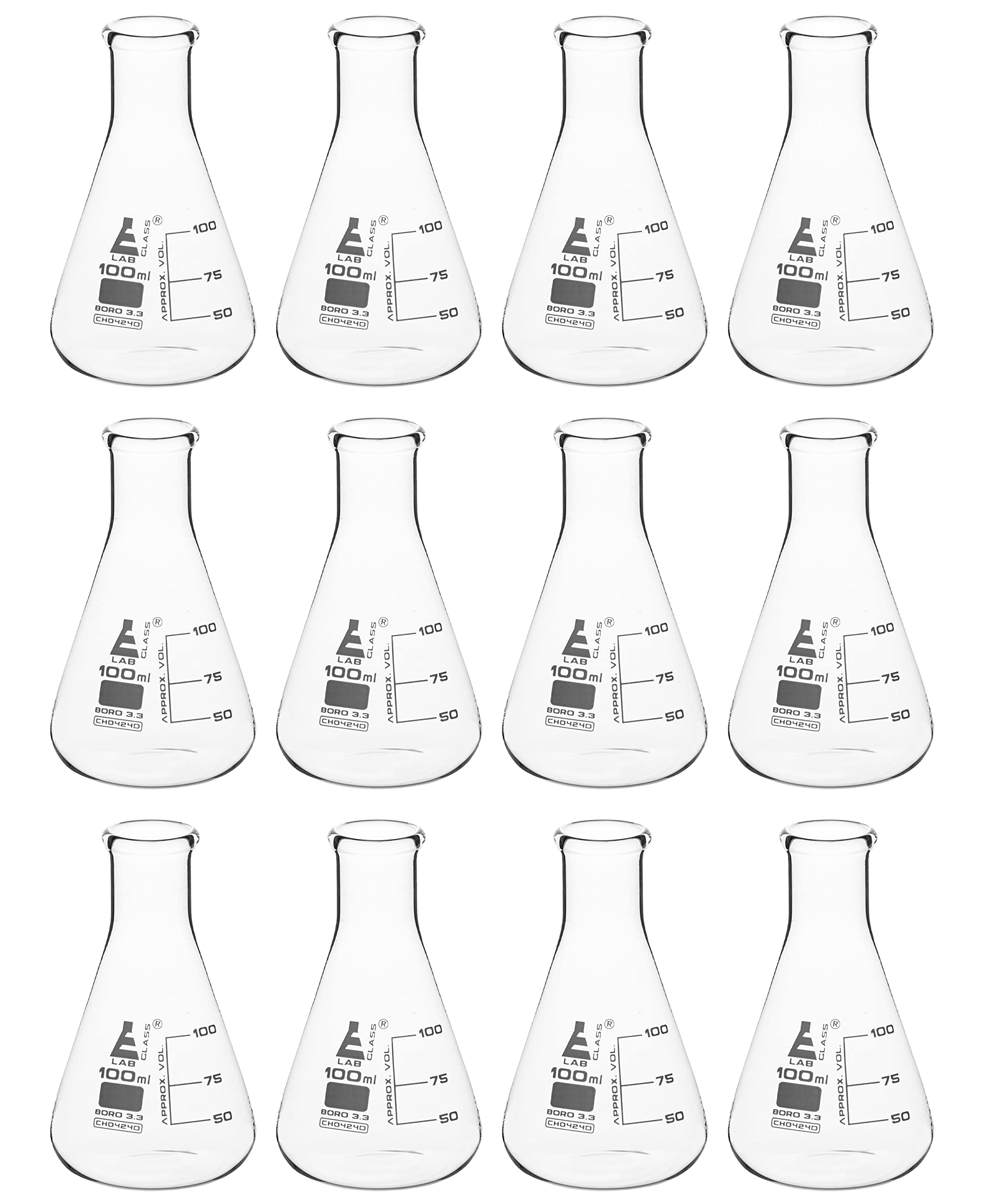 EISCO 12PK Erlenmeyer Flasks, 100mL - Borosilicate Glass - Narrow Neck Flasks, Conical Flasks, Glass Flasks