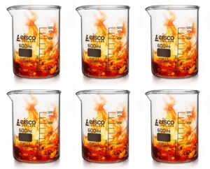 eisco 6pk beakers, 600ml - low form with spout - white, 50ml graduations - borosilicate 3.3 glass