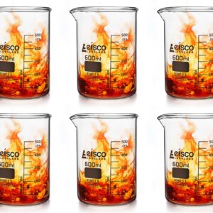 EISCO 6PK Beakers, 600mL - Low Form with Spout - White, 50mL Graduations - Borosilicate 3.3 Glass