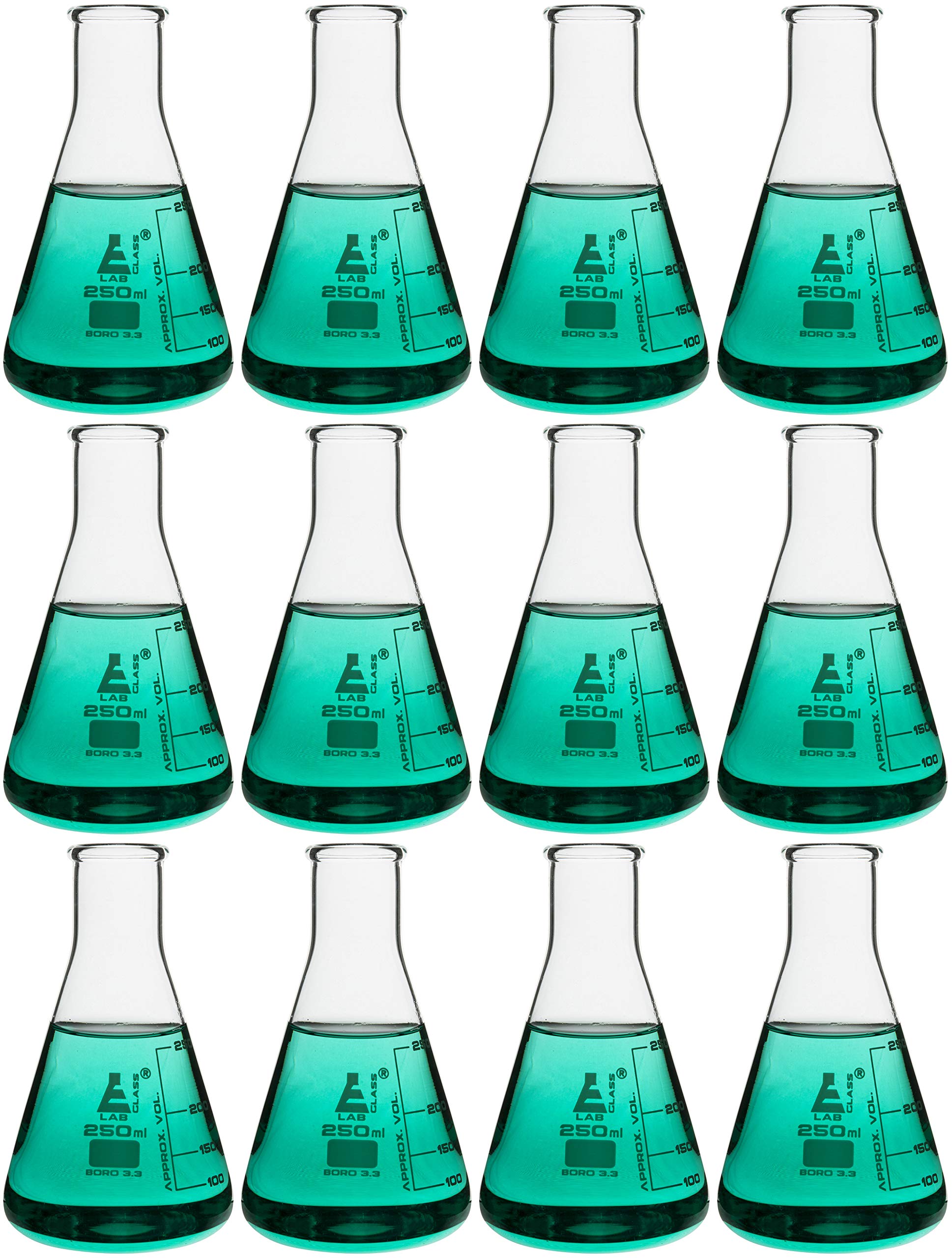 EISCO 12PK Erlenmeyer Flasks, 250mL - Borosilicate Glass - Narrow Neck Flasks, Conical Flasks, Glass Flasks