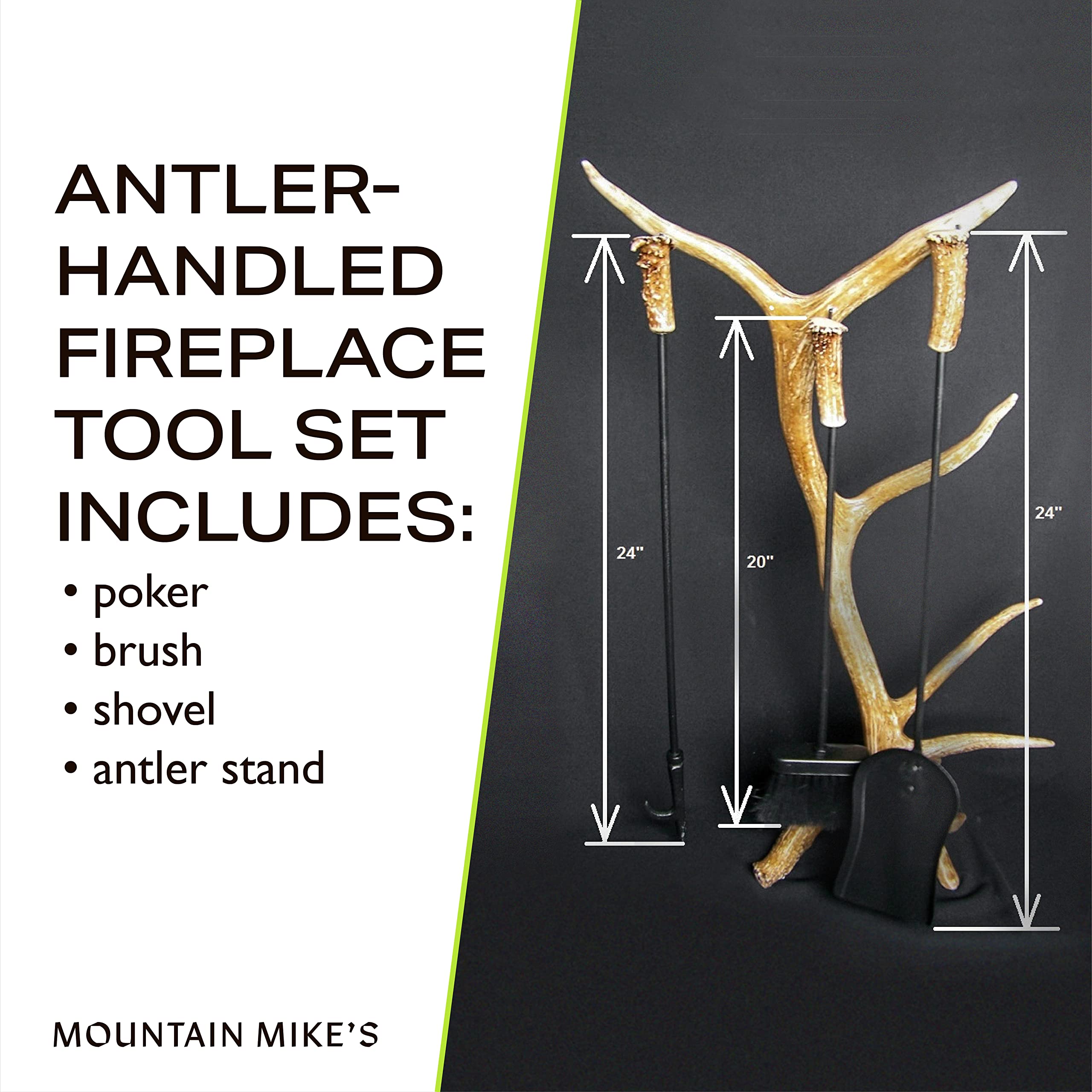 Mountain Mike's - Antler Fireplace Tool Set - Decor Inspired by The Great Outdoors - Durable Replicated Deer and Elk Antlers - Includes Shovel, Brush, and Poker