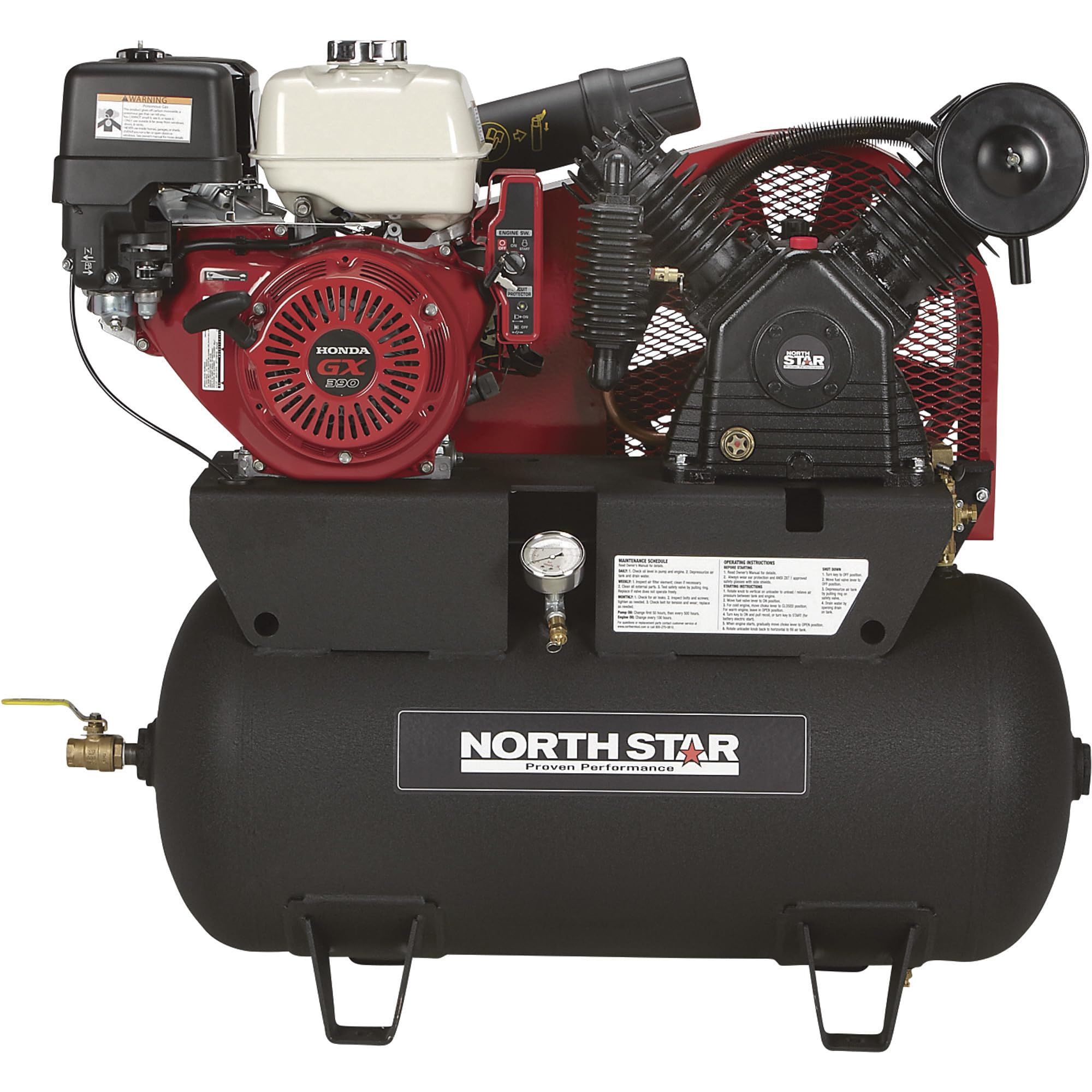 NorthStar Portable Gas Powered Air Compressor - Honda GX390 OHV Engine, 30-Gallon Horizontal Tank, 24.4 CFM at 90 PSI