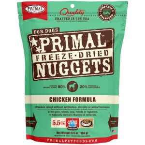 primal freeze dried raw dog food nuggets, chicken, complete & balanced meal, also use as topper or treat, premium, healthy, grain free, high protein raw dog food, 5.5 oz