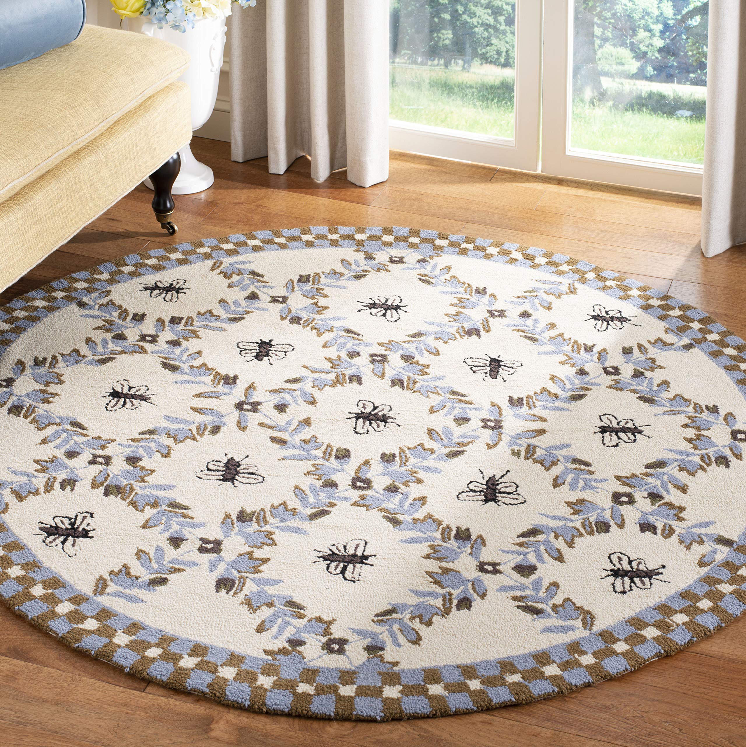 SAFAVIEH Chelsea Collection 4' Round Ivory/Blue HK55G Hand-Hooked French Country Wool Area Rug