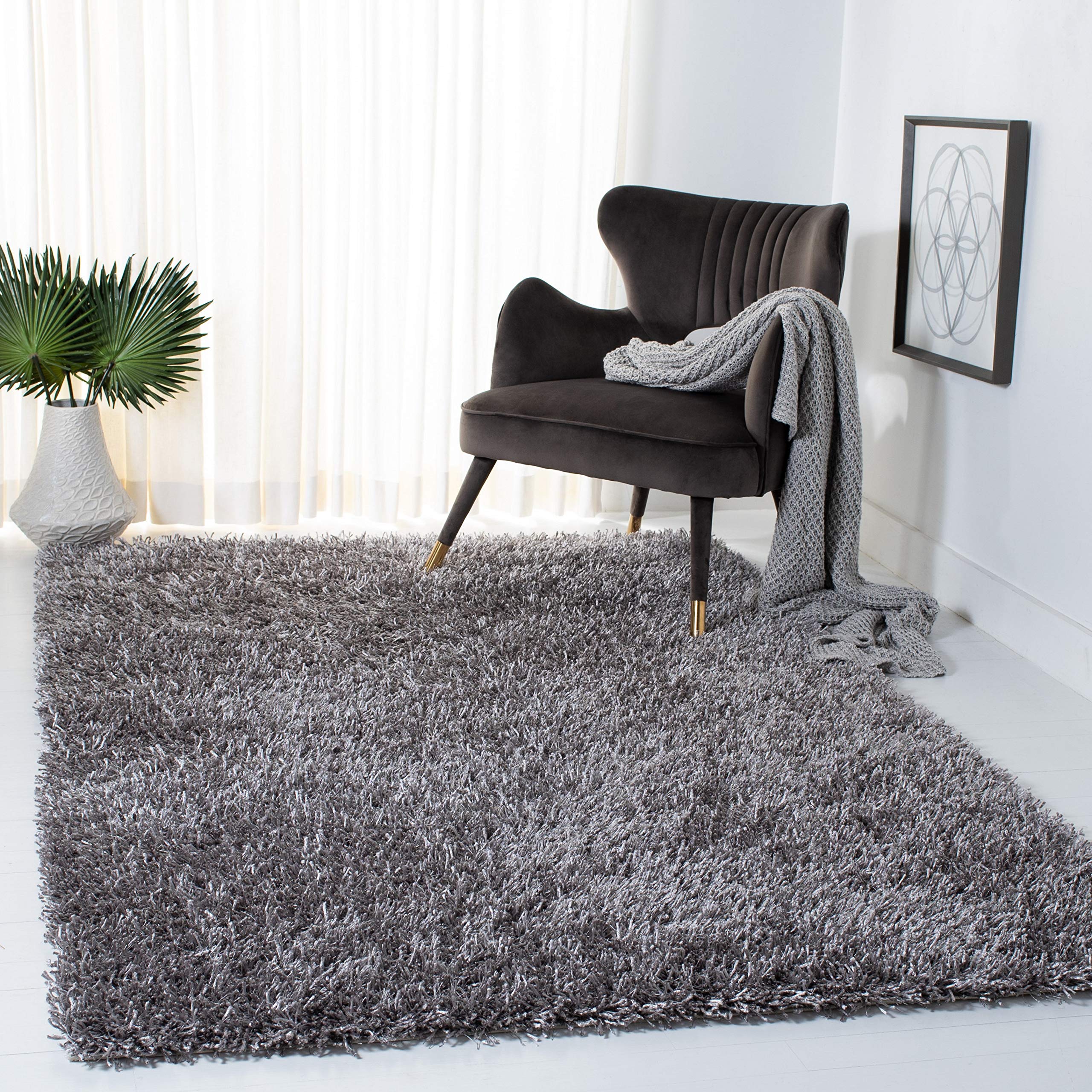 SAFAVIEH New Orleans Shag Collection Accent Rug - 3' x 5', Grey & Grey, Handmade, 1.6-inch Thick Ideal for High Traffic Areas in Entryway, Living Room, Bedroom (SG531-8080)