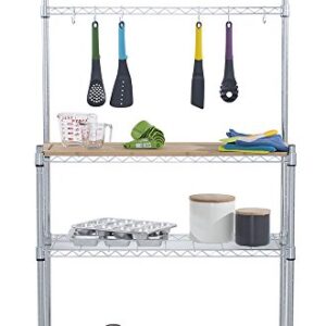 TRINITY EcoStorage Bakers Rack and Pantry Organizer with 3 Shelves, Removable Bamboo Work Surface, and Hooks for Kitchen Organization and Food Preparation, Chrome, 36” W x 14” D x 60” H