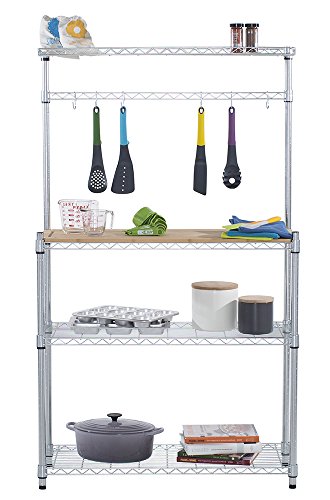 TRINITY EcoStorage Bakers Rack and Pantry Organizer with 3 Shelves, Removable Bamboo Work Surface, and Hooks for Kitchen Organization and Food Preparation, Chrome, 36” W x 14” D x 60” H