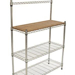 TRINITY EcoStorage Bakers Rack and Pantry Organizer with 3 Shelves, Removable Bamboo Work Surface, and Hooks for Kitchen Organization and Food Preparation, Chrome, 36” W x 14” D x 60” H