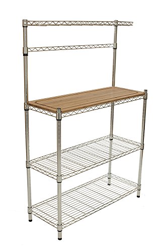 TRINITY EcoStorage Bakers Rack and Pantry Organizer with 3 Shelves, Removable Bamboo Work Surface, and Hooks for Kitchen Organization and Food Preparation, Chrome, 36” W x 14” D x 60” H