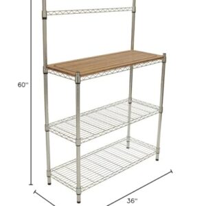 TRINITY EcoStorage Bakers Rack and Pantry Organizer with 3 Shelves, Removable Bamboo Work Surface, and Hooks for Kitchen Organization and Food Preparation, Chrome, 36” W x 14” D x 60” H