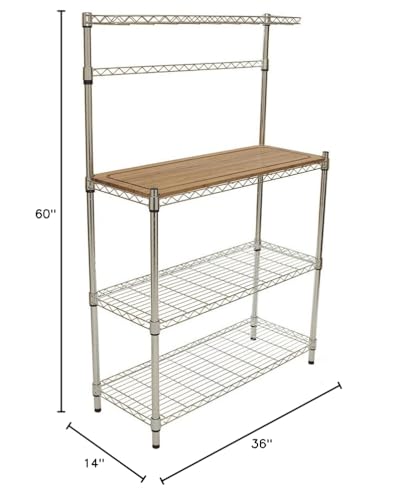 TRINITY EcoStorage Bakers Rack and Pantry Organizer with 3 Shelves, Removable Bamboo Work Surface, and Hooks for Kitchen Organization and Food Preparation, Chrome, 36” W x 14” D x 60” H