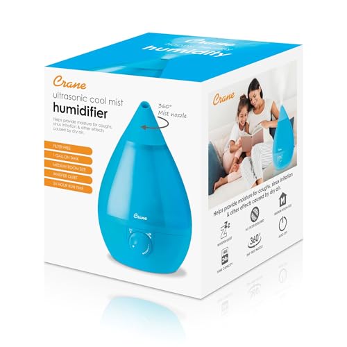 Crane Ultrasonic Cool Mist Humidifier for Bedroom, Baby Nursery, Kids Room, Plants, or Office, Large 1 Gallon Tank, Filter Optional, Aqua