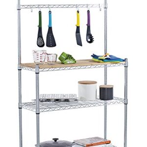 TRINITY EcoStorage Bakers Rack and Pantry Organizer with 3 Shelves, Removable Bamboo Work Surface, and Hooks for Kitchen Organization and Food Preparation, Chrome, 36” W x 14” D x 60” H