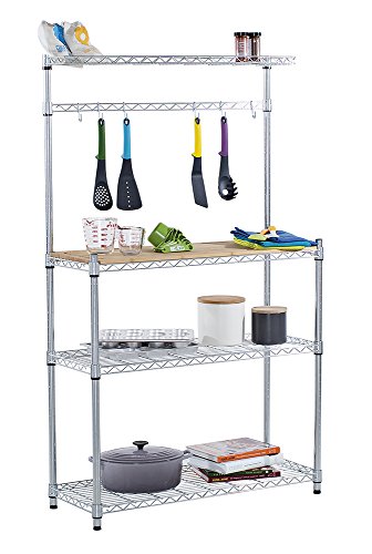 TRINITY EcoStorage Bakers Rack and Pantry Organizer with 3 Shelves, Removable Bamboo Work Surface, and Hooks for Kitchen Organization and Food Preparation, Chrome, 36” W x 14” D x 60” H