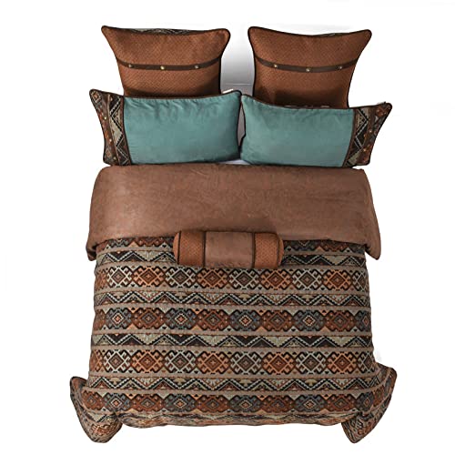 Paseo Road by HiEnd Accents Rio Grande 7 Piece Duvet Cover Set, Super King, Brown Faux Leather, Southwestern Luxury Bedding Set, 1 Duvet, 1 Bed Skirt, 2 Pillow Shams, 2 Euro Shams, 1 Neckroll Pillow