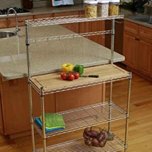 TRINITY EcoStorage Bakers Rack and Pantry Organizer with 3 Shelves, Removable Bamboo Work Surface, and Hooks for Kitchen Organization and Food Preparation, Chrome, 36” W x 14” D x 60” H