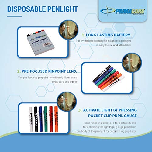 Primacare DL-9224 Pack of 6 Disposable Diagnostic Penlight with Imprinted Pupil Gauge, Lightweight and Moulded Plastic Body Medical Pen Light for Nurse, Student, Doctors EMT, Multicolor