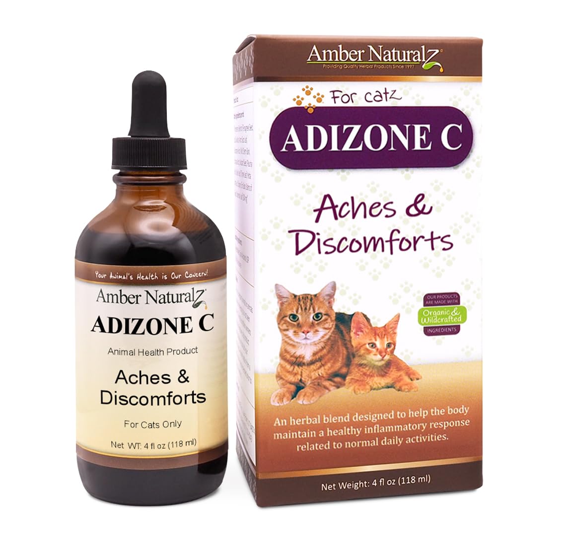 Amber NaturalZ Adizone C Herbal Supplement for Cats | Feline Herbal Supplement for Occasional Soreness, Stiffness, Aches and Discomfort | 4 Fluid Ounce Glass Bottle | Manufactured in The USA