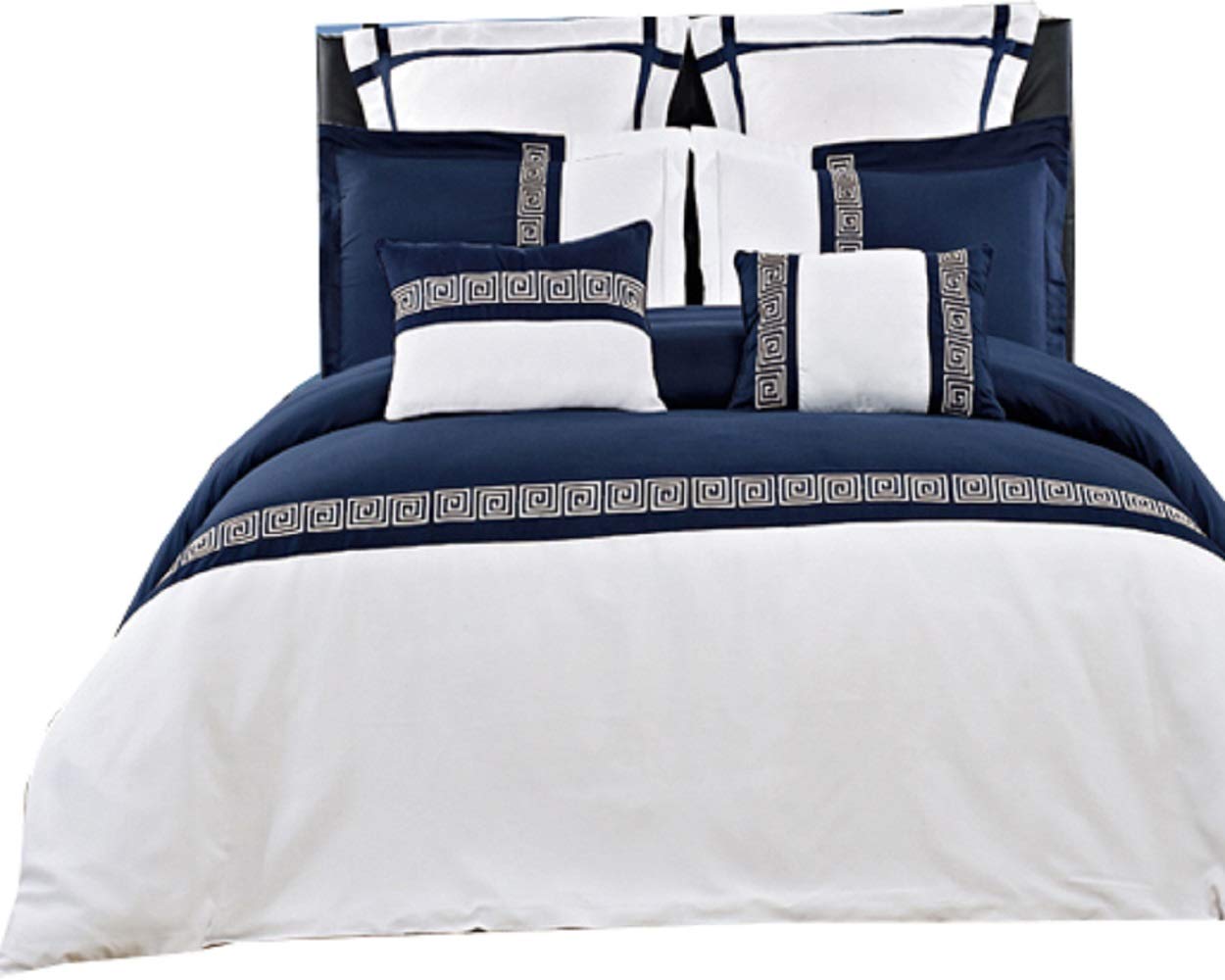 sheetsnthings Embroidered Astrid 100-Percent Microfiber, 7PC King/Cal-King Duvet Cover Set, Navy with White