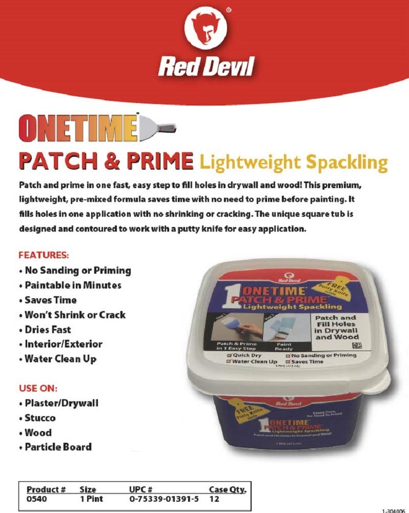 Red Devil 0540 ONETIME Patch & Prime Lightweight Spackling, Pack of 1, White