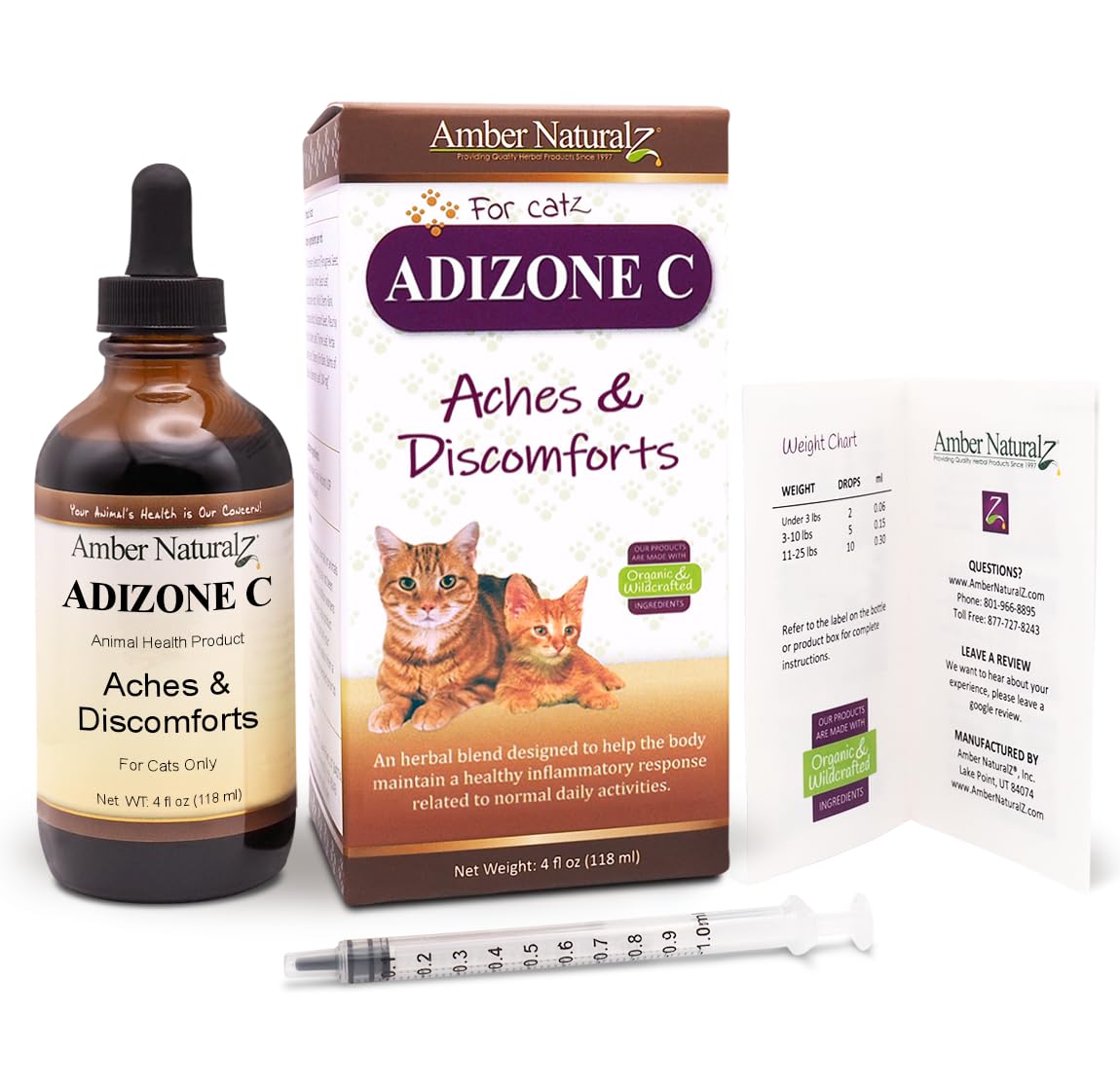 Amber NaturalZ Adizone C Herbal Supplement for Cats | Feline Herbal Supplement for Occasional Soreness, Stiffness, Aches and Discomfort | 4 Fluid Ounce Glass Bottle | Manufactured in The USA